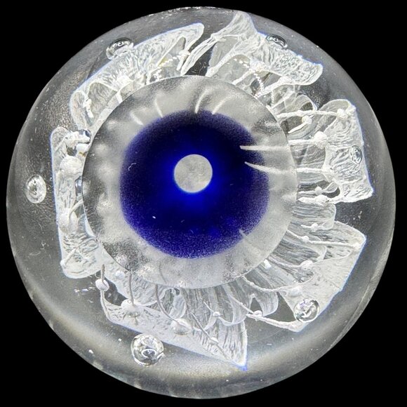 Art Glass Cobalt Blue Clear Paperweight White Flower Controlled Bubbles - Picture 8 of 8